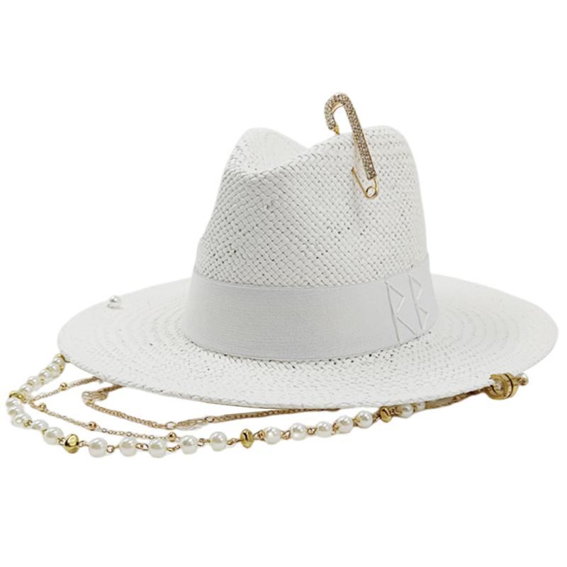 My Extreme Outdoor Activities Women's White Rb Straw Hat Pearl Tassel Series Summer Hat Beach Hat Summer Jazz Hat Trendy Panama Straw Hat 56-58Cm