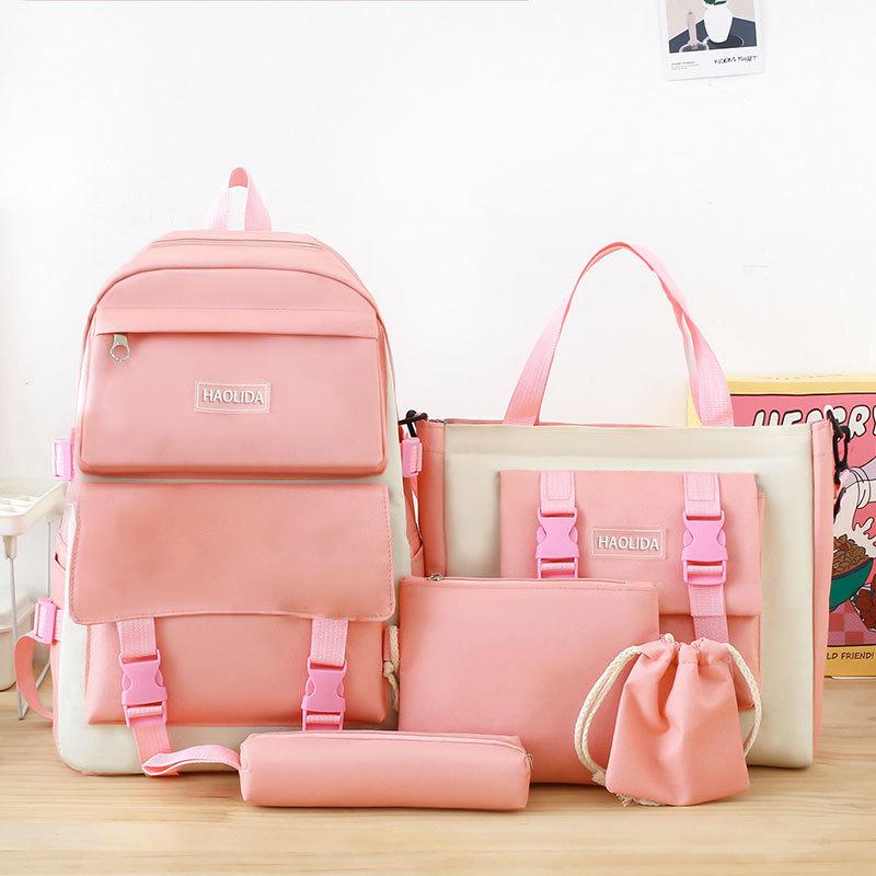 5 Pcs Sets Canvas Schoolbags Girls Women Backpackd Contrast Color Women Laptop Backpack Student Kids Rucksack Backpack