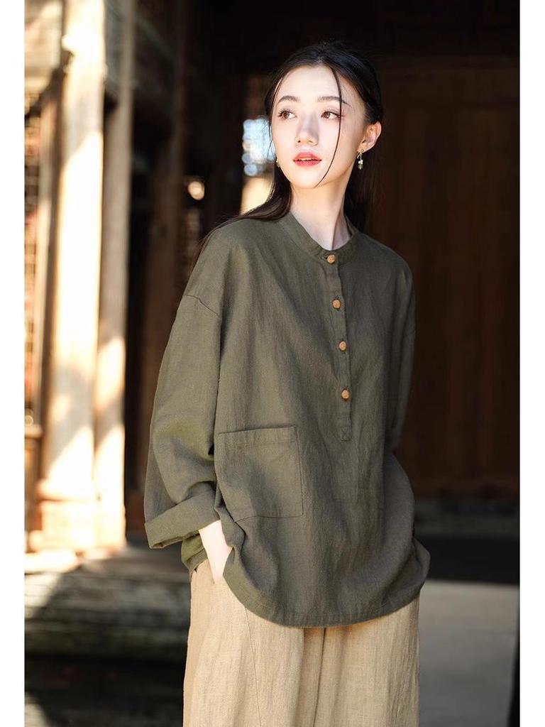 Women's Cotton Linen Zen Meditation Suit with Frog Button Shirt