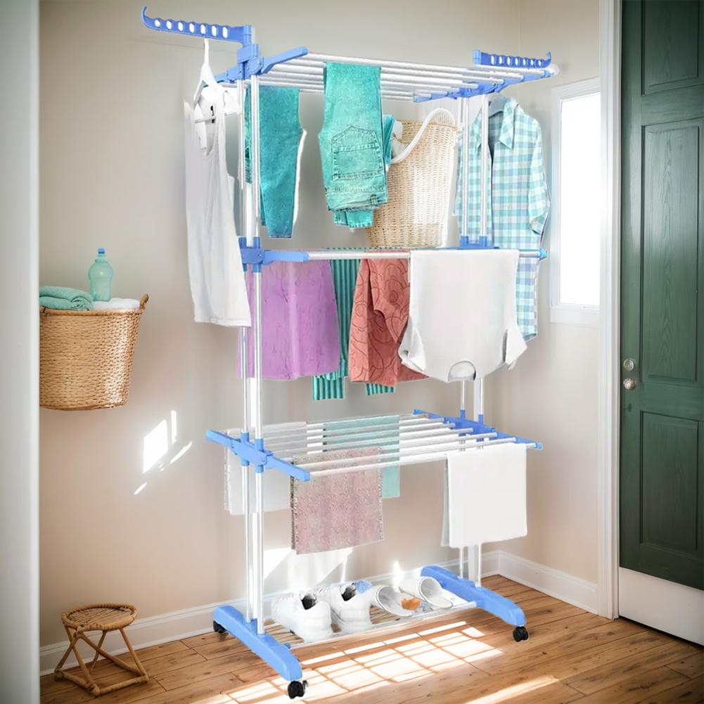 4Tier Movable Clothes Drying Rack Foldable 4 Castors Free Standing Expandable Space Saving for Towels Clothes Shoes Linen Indoor