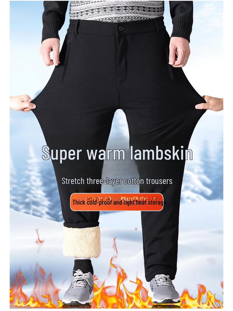 Men's Winter Warm Three-Layer Elastic Cotton Trousers with Velvet Lining for Middle-Aged and Elderly