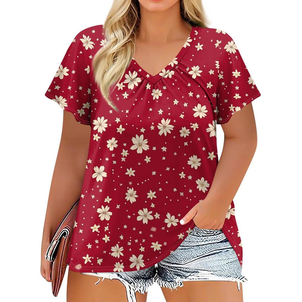 Women's Fashion Casual Printed  V-Neck Short Sleeve Large Size T-Shirt Top