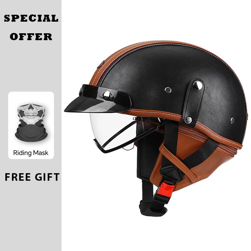 High Quality Brown Leather Half Face Helmet for Motorcycle Electric Scooter DOT ECE Approved Men Women Moto Half Helmet