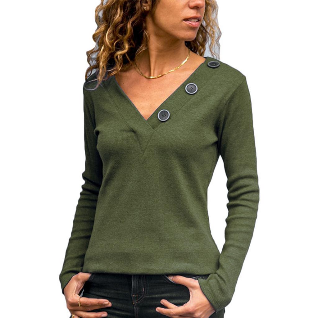 Women's Solid Color V-neck Button Decoration Solid Color Casual Long Sleeved Women's T-shirt