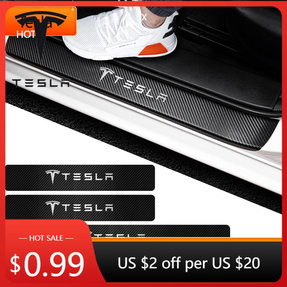 Car Sticker Tesla 4pcs Car Anti Scratch Scuff Carbon Fiber Door Threshold Stickers for Tesla Model 3 Model S X Model Y Roadster