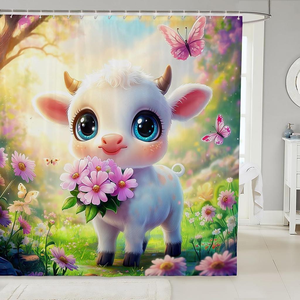 Cartoon Black Cat Shower Curtain Retro Pink Cherry Blossom Wild Flowers Bathroom Curtain Kids Teens Adults Cute Animal Vintage