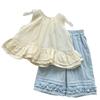 Girls Summer 2 Piece Set Off White Embroidered Ruffle Sleeveless Top With Light Blue Ruffled Trim Pants Outfit