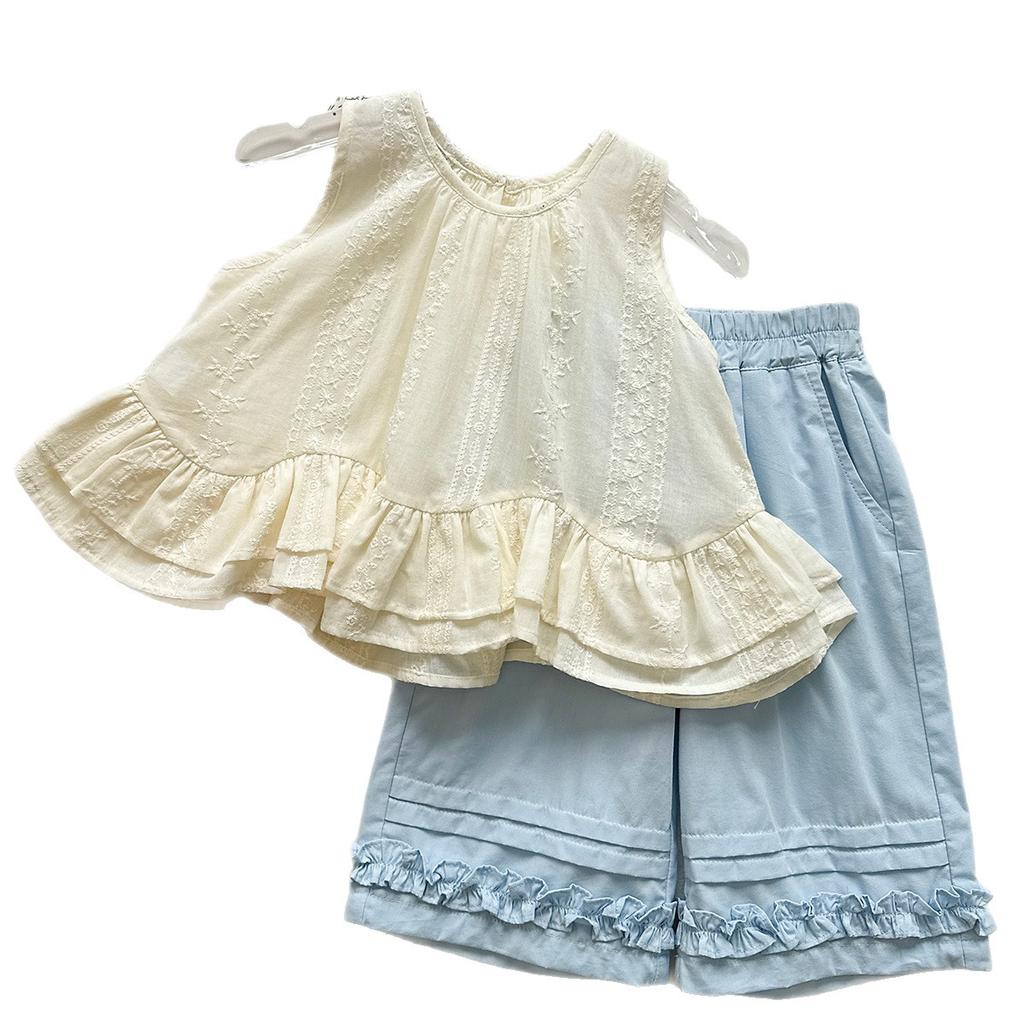 Girls Summer 2 Piece Set Off White Embroidered Ruffle Sleeveless Top With Light Blue Ruffled Trim Pants Outfit
