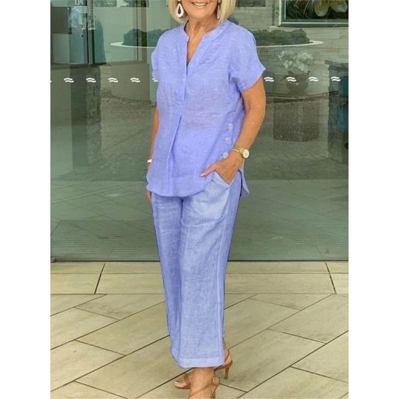 

Solid Color Short Sleeve Two-Piece Set Solid Color and V-neck Loose Short Sleeve Two-piece Set Blue 4XL
