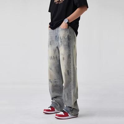 American Street Washed Vintage Jeans Men'S Spring And Autumn Straight Leg Loose Fitting European And American High Street Vibe Style Long Pants