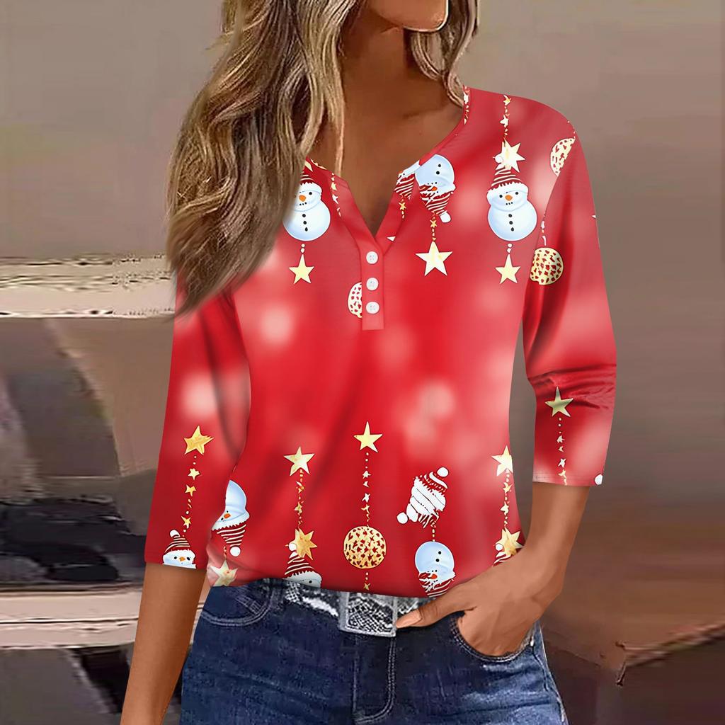 Women's T Shirt Tee Christmas Printed Button 3/4 Sleeve Tunic Daily Weekend Fashion Basic V- Neck Regular Top