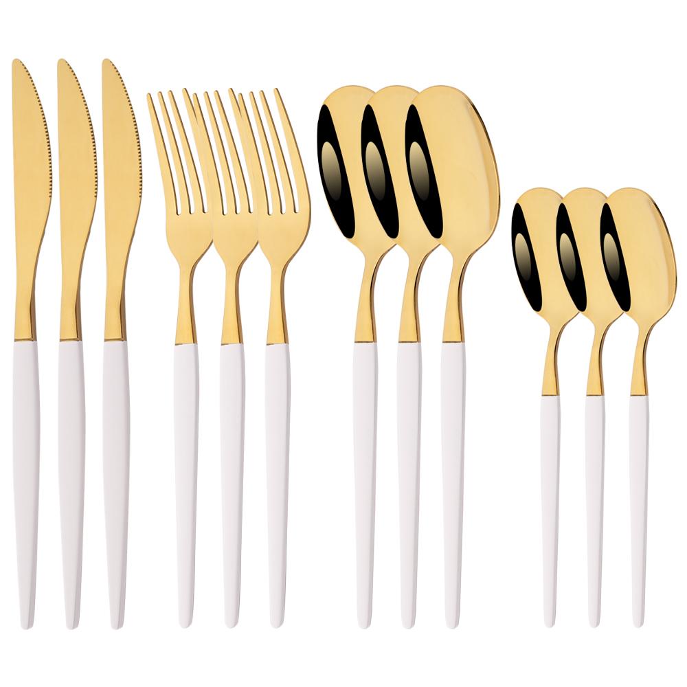 12Pcs New Black Golden Dinnerware Set Stainless Steel Tableware Set Western Knife Fork Coffee Spoon Mirror Flatware Cutlery Set