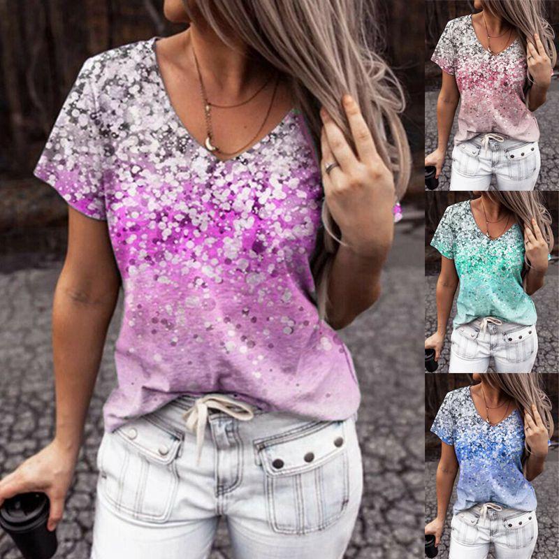 Elegant Womens V-neck Short Sleeve Floral Print Tops T-shirt For Casual Wear