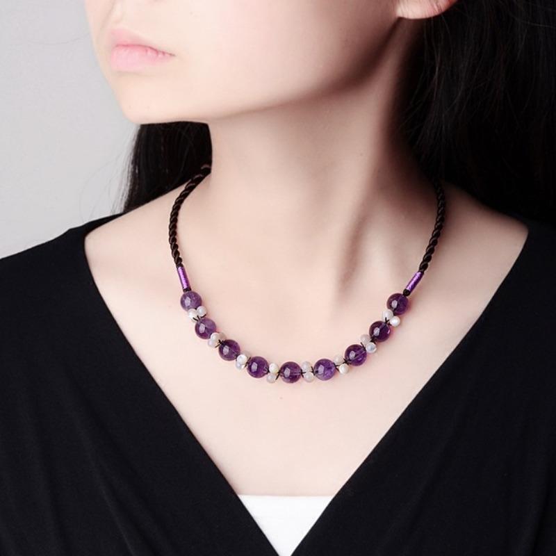 GEMCHIC Women s Ethnic Style Amethyst Beaded Necklace Handmade Braided Rope Choker Vintage Short Pendant Jewelry Mixed materials