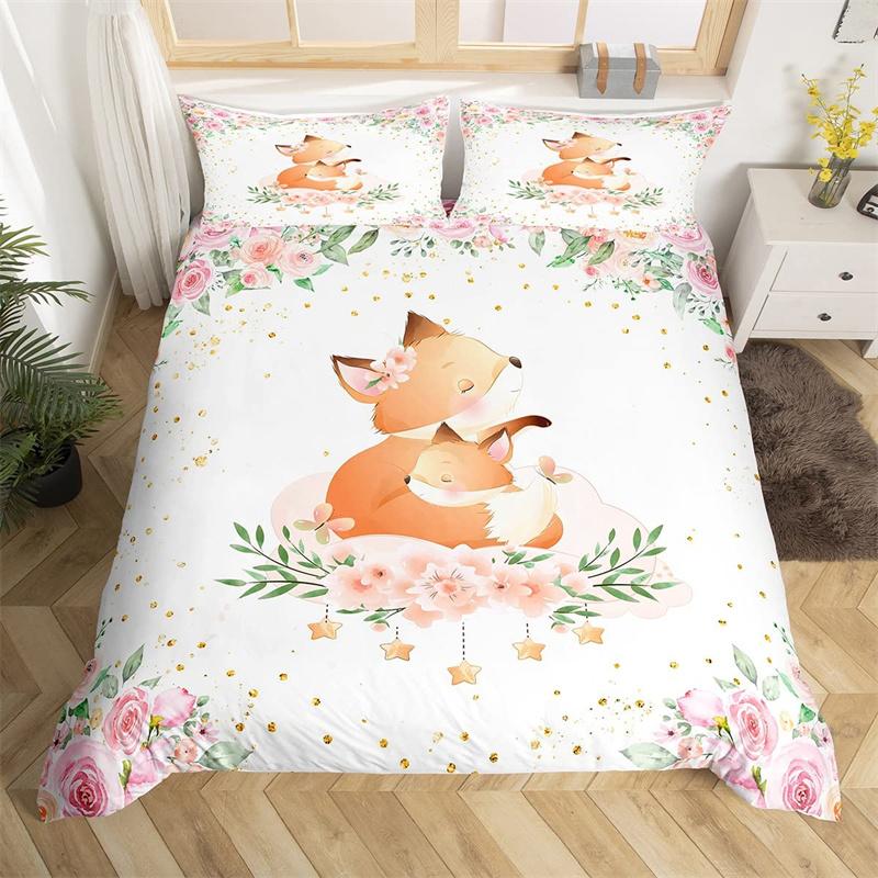 Cute Milk Cow Bedding Set King Cartoon Animal Duvet Cover Botanical Floral Comforter Cover Microfiber Farmhouse Bedspread Cover