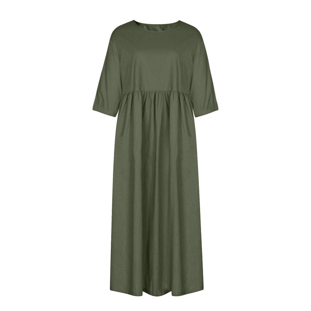 Damen Sommer Farbe Rundhals Halbarm Langes Farbe Kleid Lässig