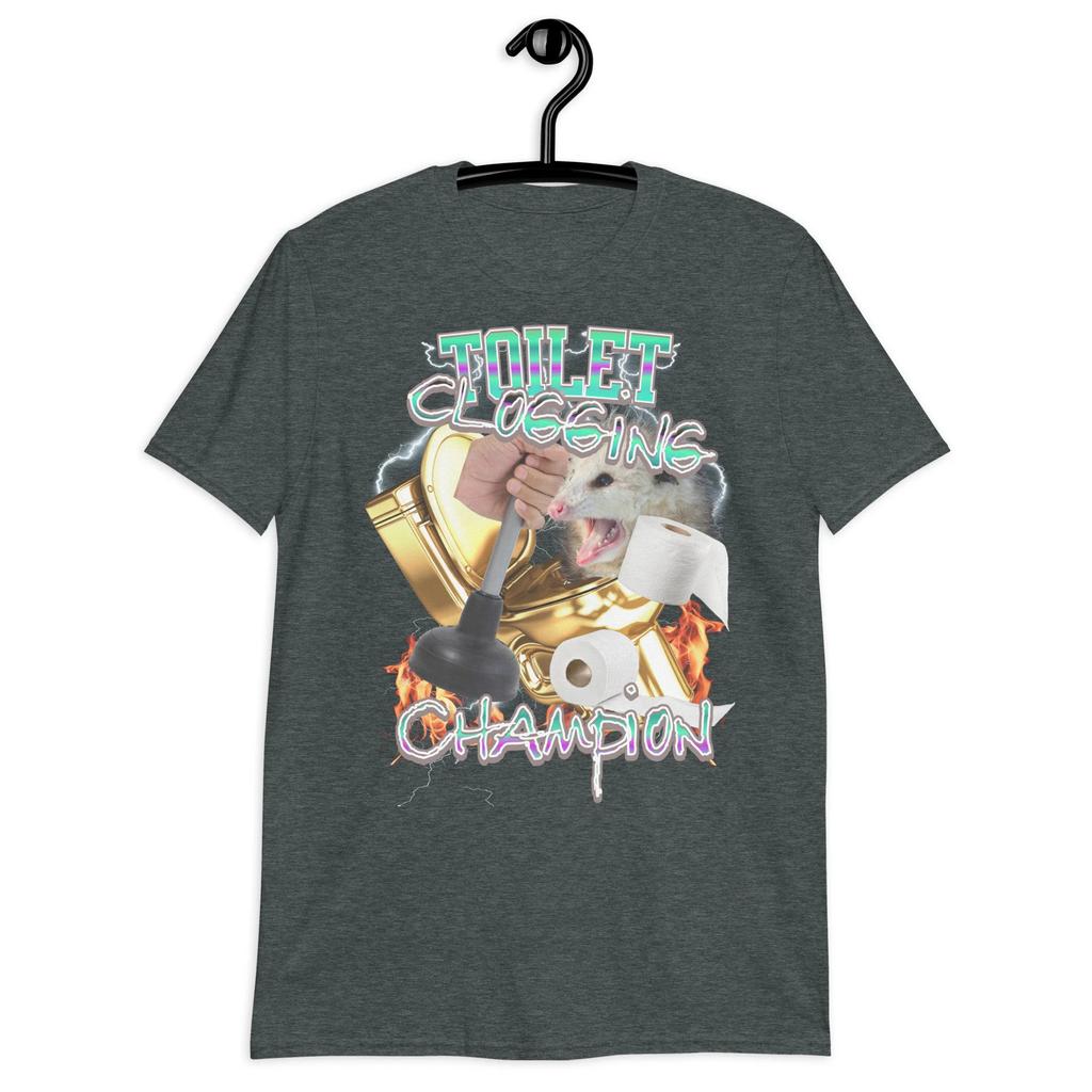 Toilet Clogging Champion Tshirt Funny Meme Graphic Tee Summer Mens and Womens Loose and Breathable Tshirt