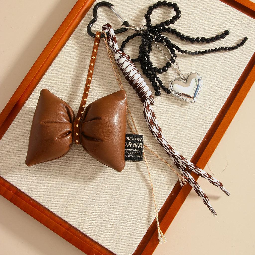 Handmade Pearl Butterfly Heart Bag Charm With Brown Bow For Fashion Accessories