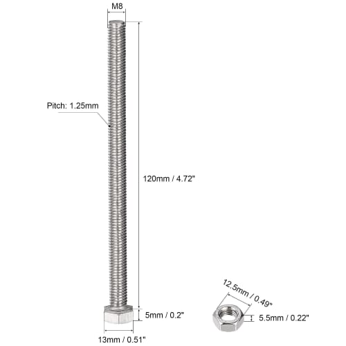 uxcell Hex Thread Bolts, Nuts, and Flat Lock Washers Kit, M8 x 120mm, 304 Stainless Steel, Fully Threaded Hex Bolts, 10-Pack
