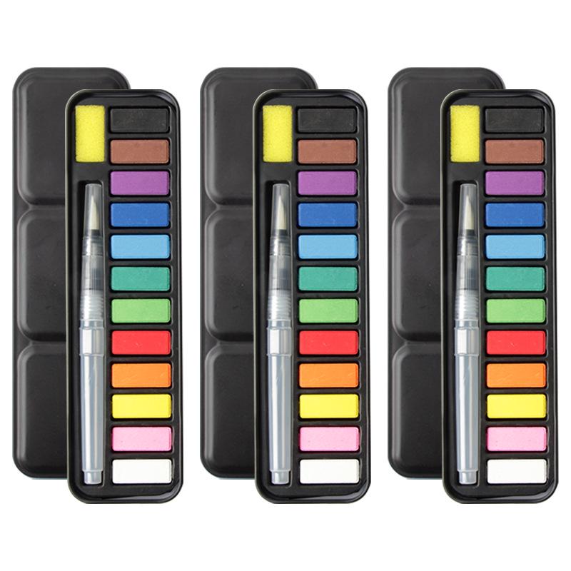 12-Color Solid Watercolor Paint Set with Black Iron Box and Water Brush