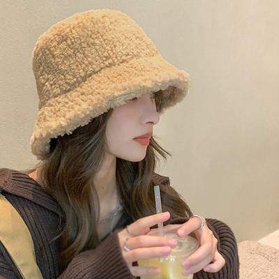 Winter Women Faux Fur Bucket Hat Outdoor Warm Lamb Black Solid Fluffy Fishing Cap