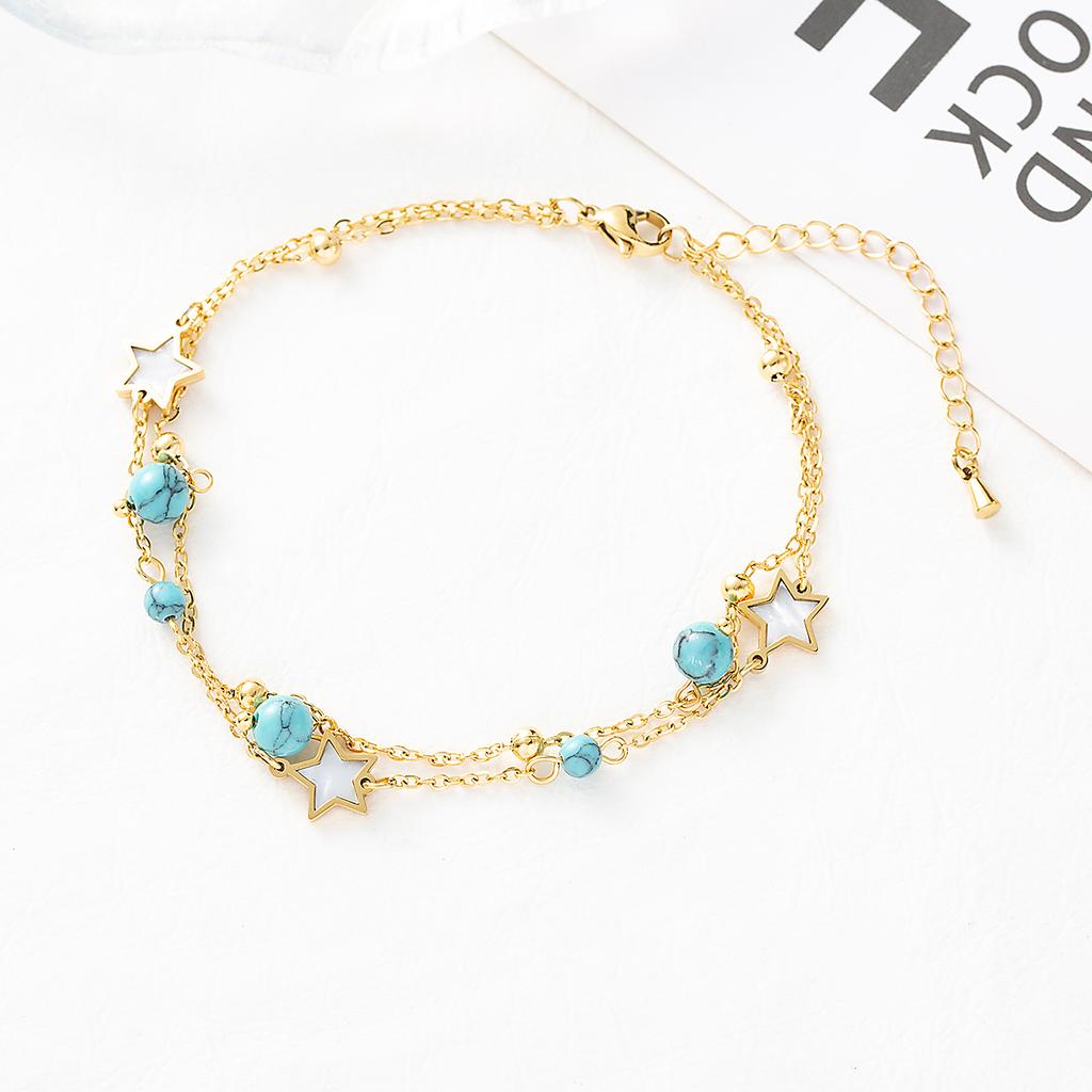 1 Set of Turquoise Inlaid Star Devil's Eye Lady's Ankle Chain Stainless Steel Plated 18K Gold Ankle Layered Chain Chain