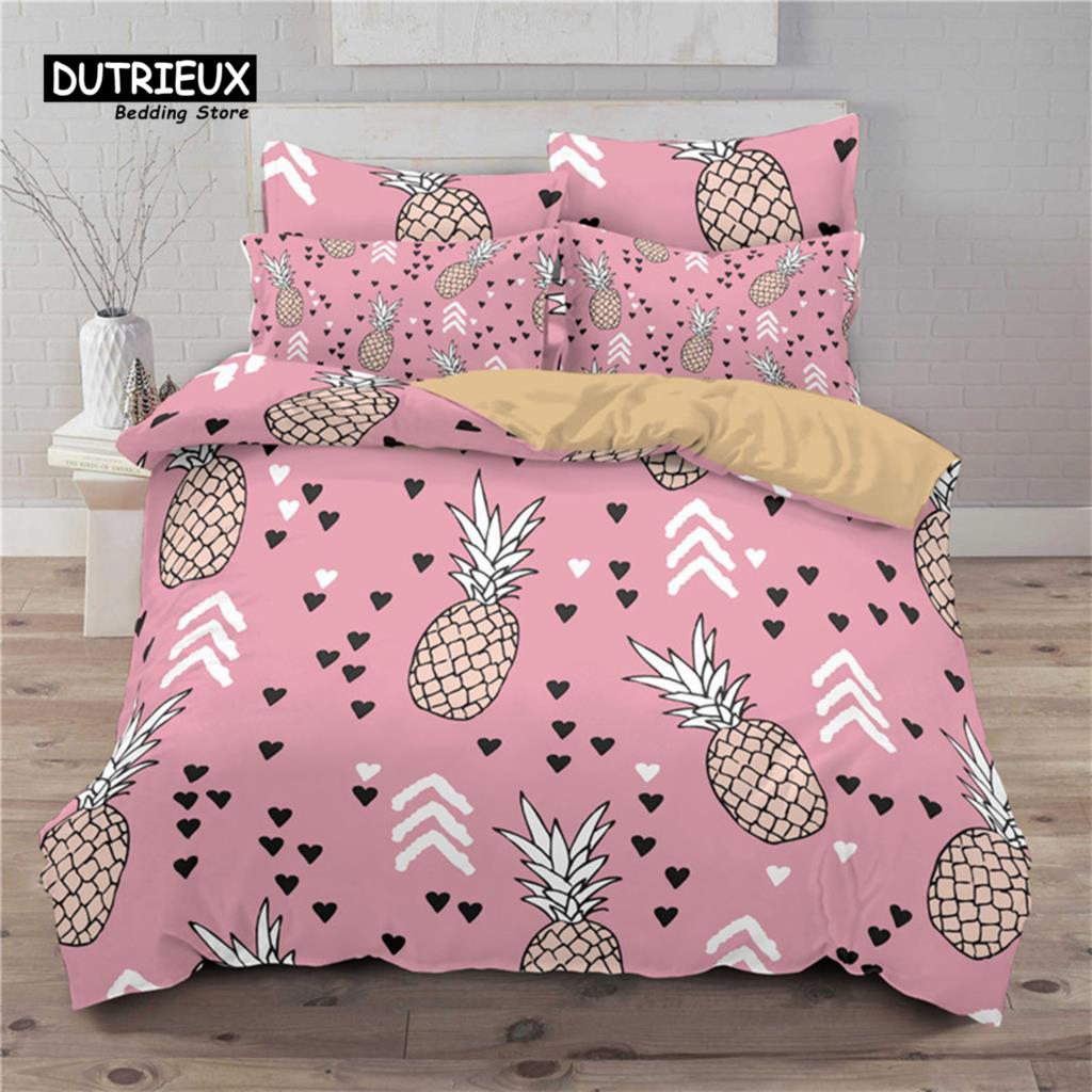 Funny Tropical Fruit Bedding Set Microfiber Pineapple Pear Geometric Pattern Duvet Cover With Pillowcases For Kids Bedroom Decor