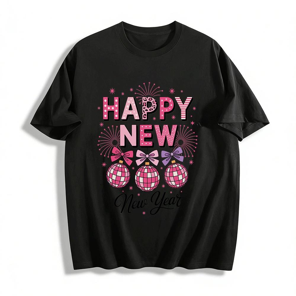 

New Year Party Pink Sequin Ball Print Casual Top Pure cotton T-shirt 6XL