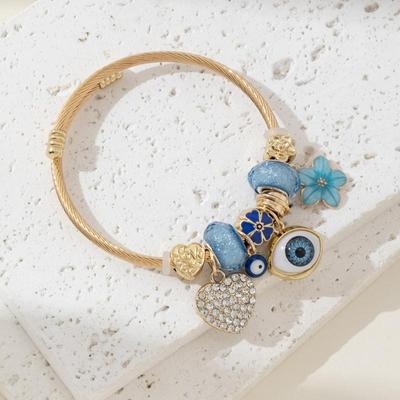 Lucky Blue Evil Eye Multi Element Stainless Steel Circle Beaded Bracelet Bangle Suitable For Women'S Daily Holiday Gifts