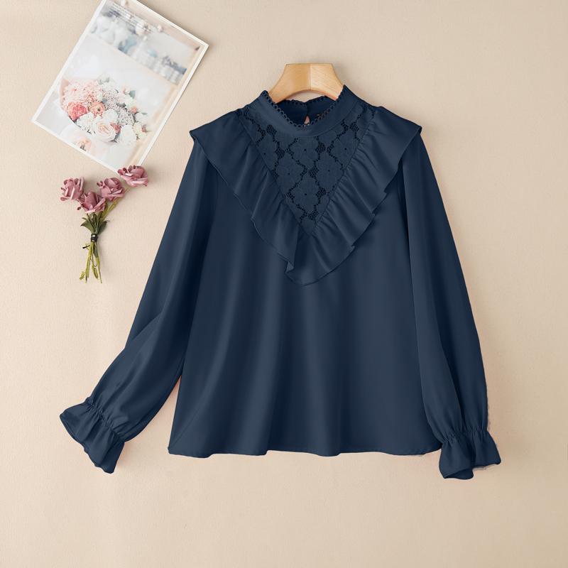 

ZANZEA Женская кружевная лоскутная стойка воротник свободная повседневная блузка с длинным рукавом 5XL темно-синий