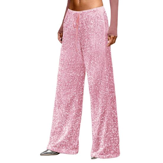 Dámské kalhoty s vysokým pasem a širokými nohavicemi, ležérní kalhoty se sekvenčním designem, elastický pas se stahovací šňůrkou, párty kalhoty