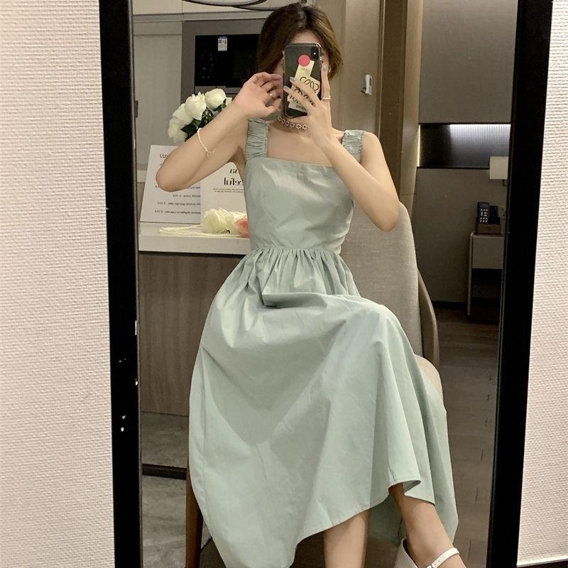 YYFS Women's Fashion Summer Spring Solid Color Print Sleeveless Square Collar High Waist Casual Dresses