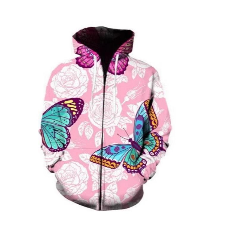 Mens Hooded Zip-Up Sweatshirt With 3D Butterfly Print Stand-Up Collar Front Patch Pockets Loose Fit Fall Casual Wear