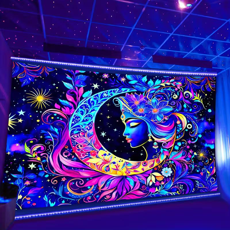 2D Vibrant Moon Goddess Tapestry, Floral Starry Night Wall Tapestry, Bohemian Aesthetic Home Decor