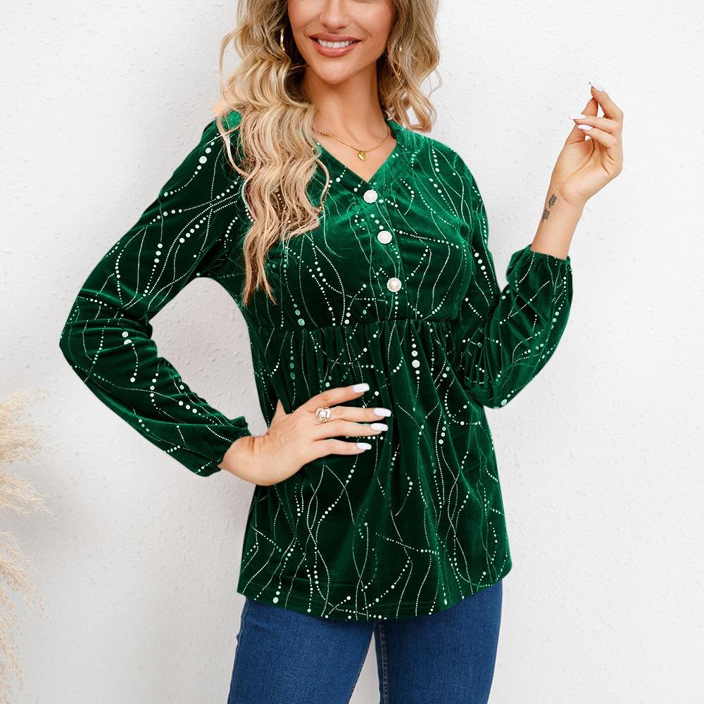 

GMXIA Женские модные повседневные однотонные блузки и рубашки с длинным рукавом и v-образным вырезом с принтом XXL зелёный