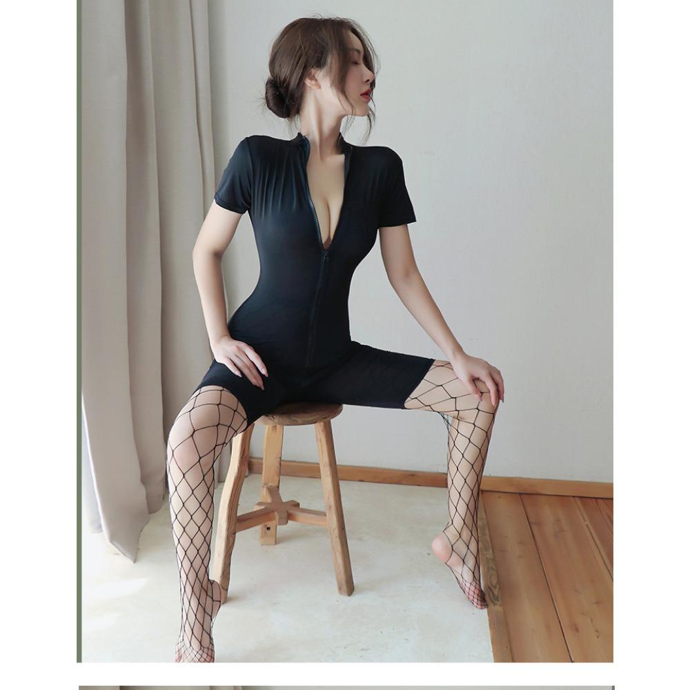 Sex Underwear Women's Sexy Silky Swimming Cloth Zipper Short Sleeve Open Gear Free Sexy Onesie Set One Piece with Hair