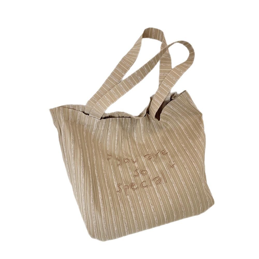 New Smiley Face Letter Embroidery Striped Shoulder Canvas Bag Large Capacity Shopping Bag