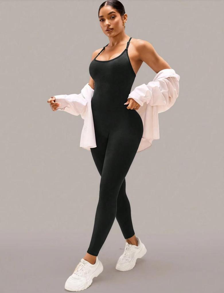 Women's Seamless Cross-Back Jumpsuit with Adjustable Straps for Fitness and Dance