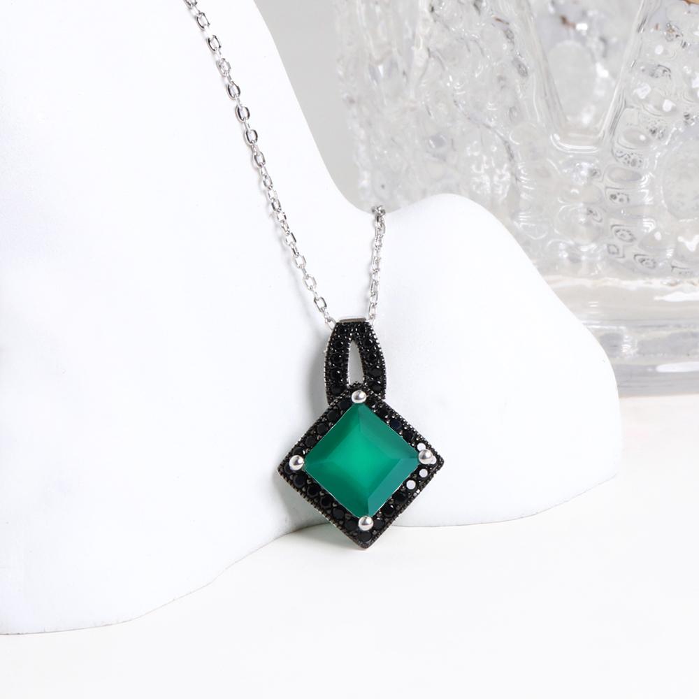 S925 Silver Natural Green Agate Real Gemstone Ring Pendant Necklace Elegant and Noble Fine Jewelry Set for Women Birthday Gift