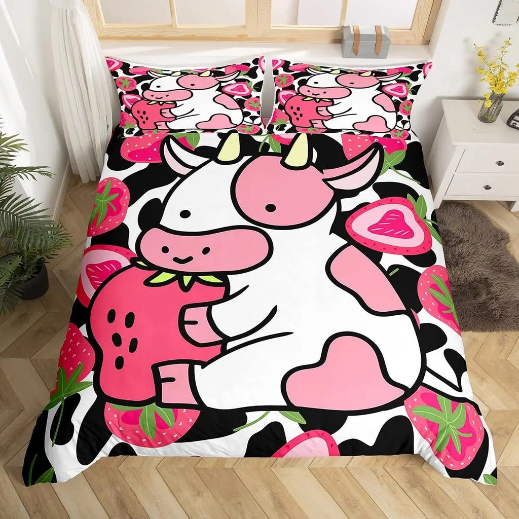 Cartoon Cow Duvet Set Three-Piece Strawberry Pattern Quilt Set Kawaii Cow Bedding Set