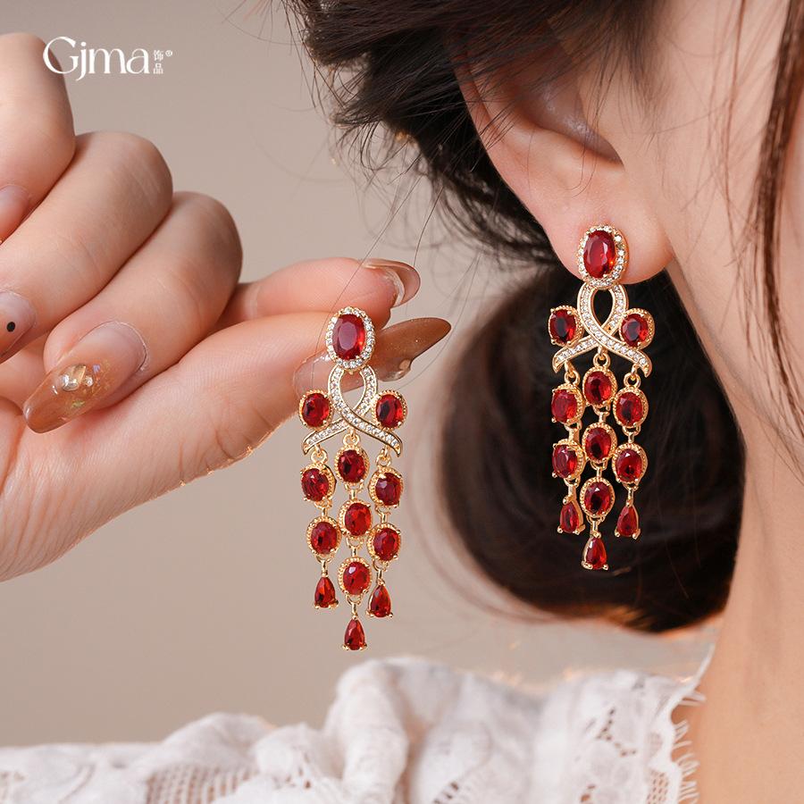 Court style red oval zircon fringed earrings light luxury stud earrings personalized earrings women