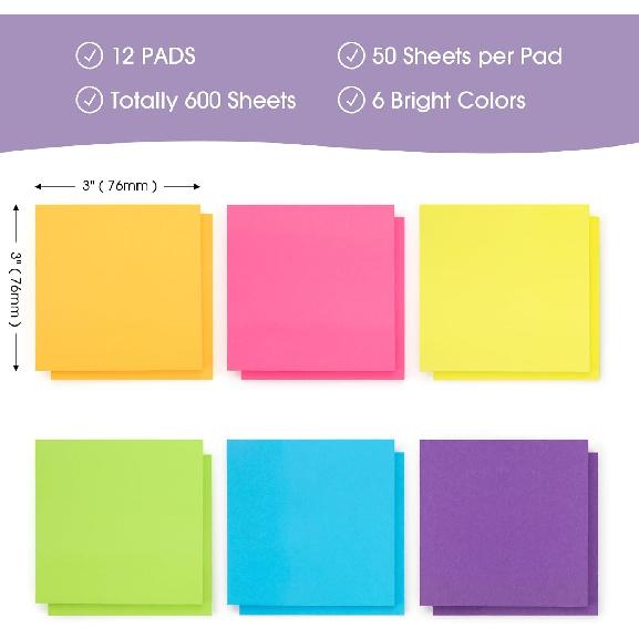 YISAN Sticky Notes 3x3 Inch, Bright Colors,12 Pads Self-Stick Pad,50 Sheet/Pad for Office,Home,71136