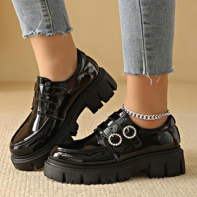 Fashion Crystal Buckle Chunky Heels Pumps Women Black Patent Leather Platform Loafers Woman Thick Bottom Non-Slip Gothic Shoes Ladies