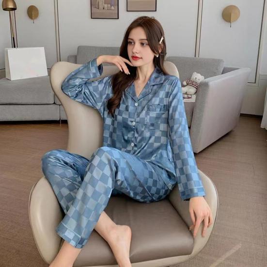 

Womens Satin Pajamas Set Button Down Long Sleeve Top And Long Pants Sleepwear Set Oversized Casual Plaid 2 Piece Lounge Set M чорний