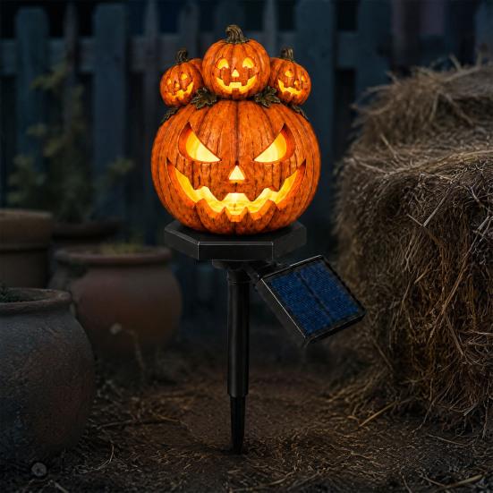 Halloween Party Accessory Solar Pumpkin Garden Stake Light, Waterproof Resin LED Jack O Lantern Lantern, Spooky Yard Lighting for Outdoor