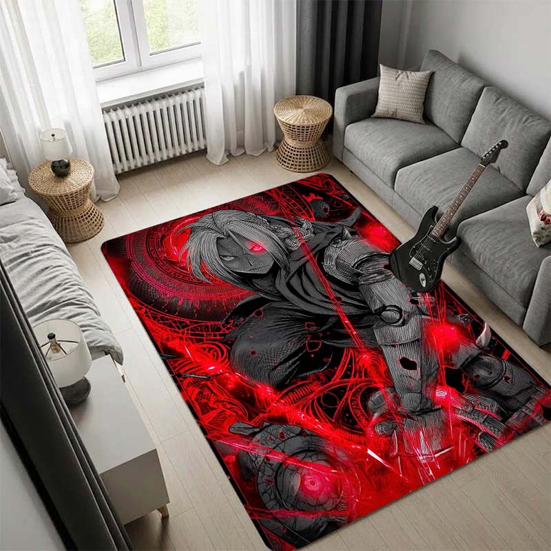 Fullmetal Alchemist Dark Anime Rug, Edward Elric Red Transmutation Circle Print Carpet, Black Red Game Room Floor Mat