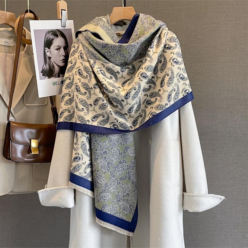 Autumn and winter imitation cashmere contrasting color splicing cashew flower printing scarf fashionable versatile warm shawl fashionable outer scarf