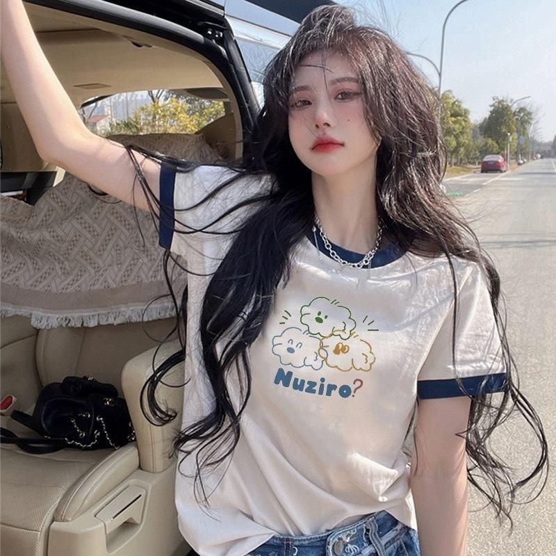 

2025 new summer design sense niche slim white contrasting color short-sleeved t-shirt women s round neck t-shirt top trendy ins S
