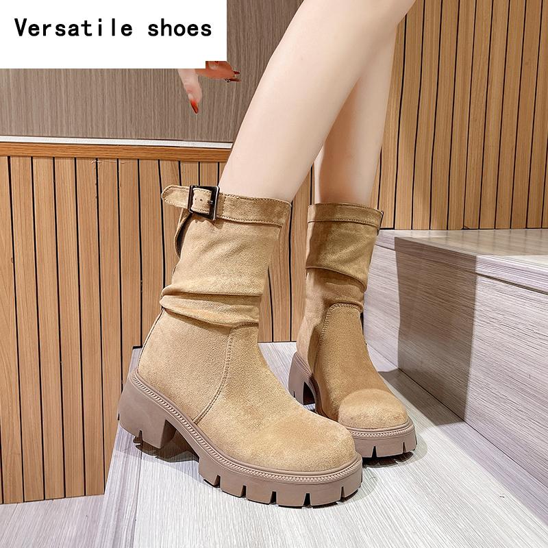 Women Platform High Heels Ankle Boots Suede Chelsea Shoes Brand Designer  Trend New Chunky Retro Snow Goth Pumps Botas Mujer