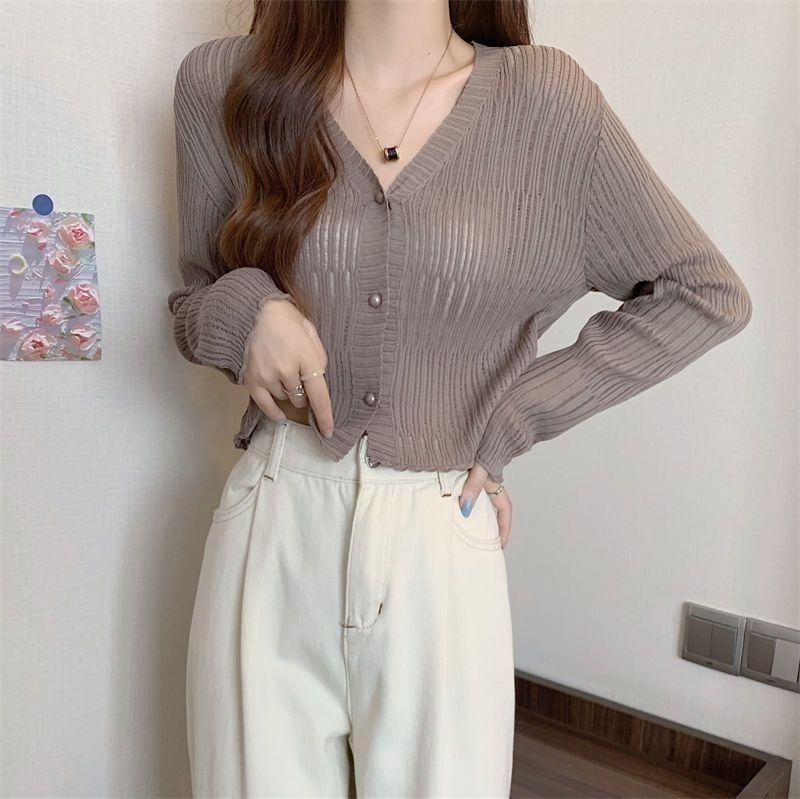 Ice Silk Sun Protection Cardigan Women's Summer Thin Long Sleeve Outer Cover Up French Knit Hollow Out Top Short Coat